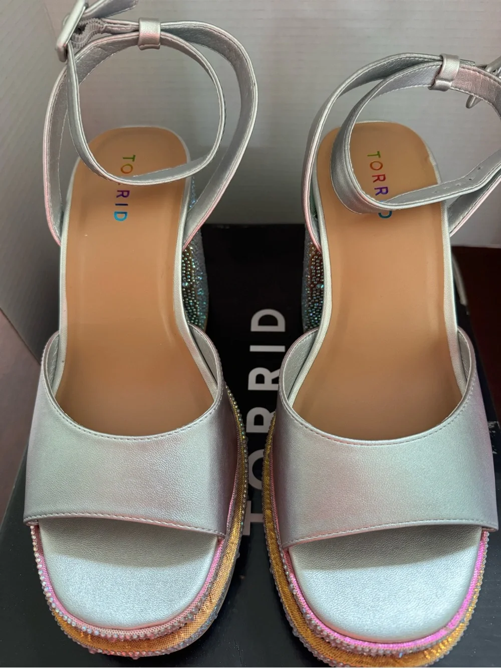 torrid Silver Ankle-Strap Platform Sandals with Multicolor Rhinestone Trim